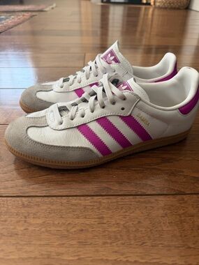 adidas White Sneakers with Pink Stripes and Gum Soles